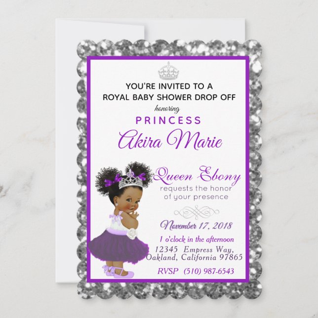 Invitación Princesa real africana morada|Purpurina plateado (Anverso)