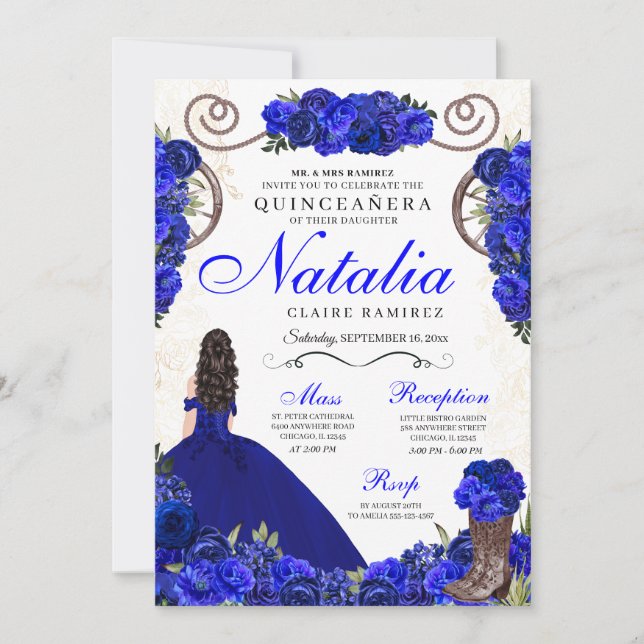 Invitación Princesa Real Azul Ranchero Quinceanera (Anverso)
