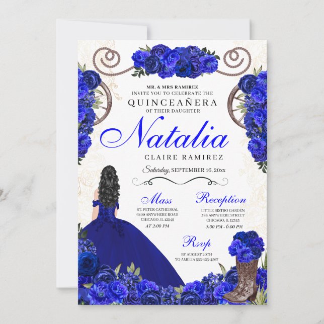 Invitación Princesa Real Azul Ranchero Quinceanera (Anverso)