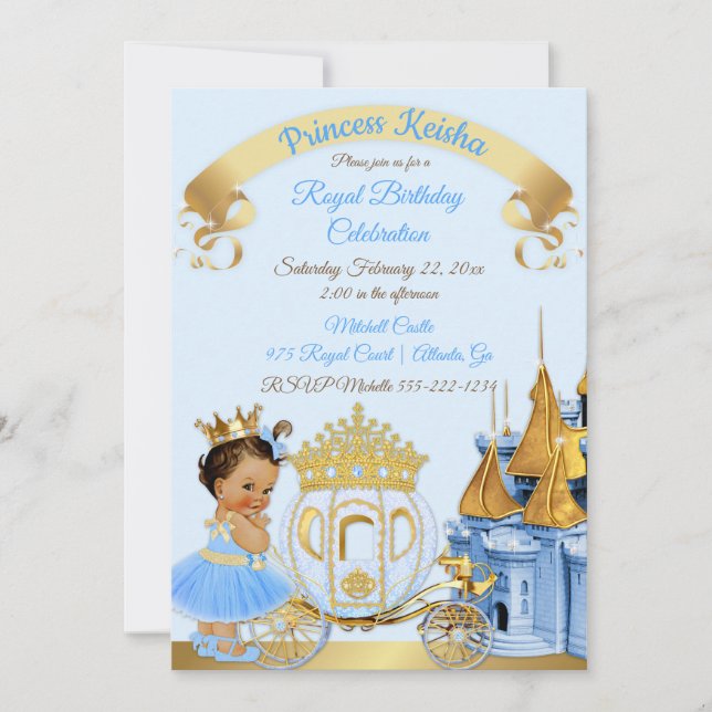 Invitación Princesa Real Castillo Carruaje Azul Oro Niña (Anverso)