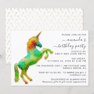 Invitación Princesa Real Cumpleaños Mágico Unicornio Dorado B