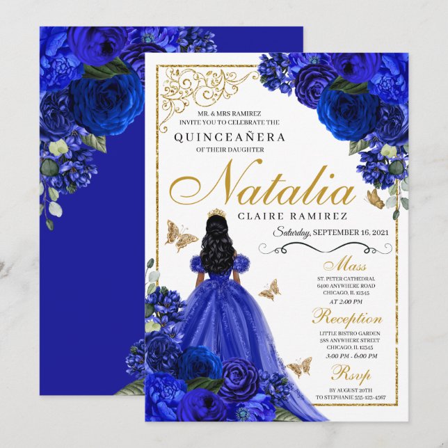 Invitación Princesa real de oro azul y mariposas Quinceañera (Anverso / Reverso)