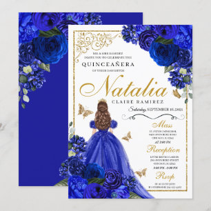 Invitación Princesa real de oro azul y mariposas Quinceañera