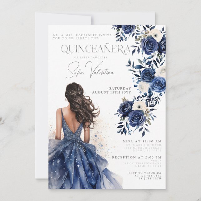 Invitación Princesa Real Floral Azul de la Marina de Quinceañ (Anverso)