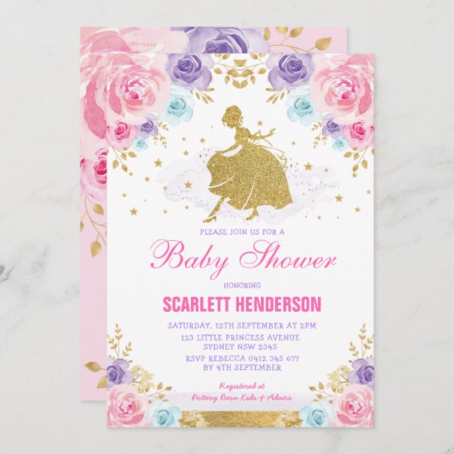 Invitación Princesa real floral azul púrpura rosada Baby (Anverso / Reverso)