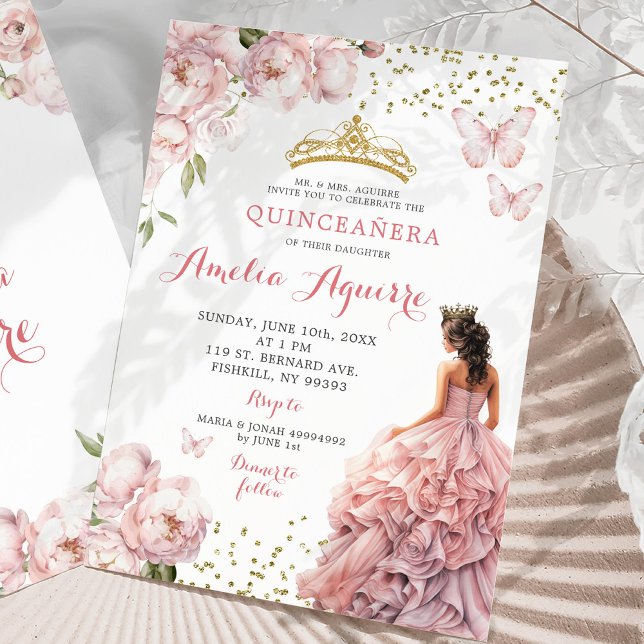 Invitación Princesa real mexicana rosada Rubor de oro Quincea (Subido por el creador)