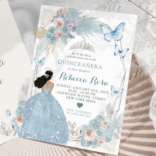 Invitación Princesa Real Quinceañera del Boho Azul Rosa de Ru (Subido por el creador)