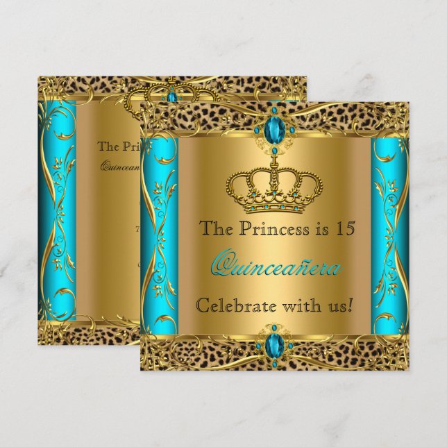 Invitación Princesa Real Quinceañera Fiesta Leopardo Turquesa (Anverso / Reverso)