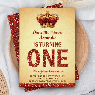 Invitación Princesa Real Rojo Brillo Primera Fiesta de Cumple