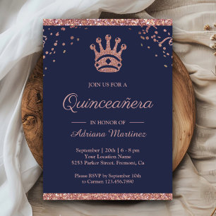 Invitación Princesa Real Rosa Dorado Brillo Azul Quinceañera