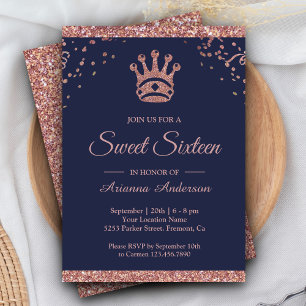 Invitación Princesa Real Rosa Dorado Brillo Dulces Dieciséis