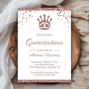 Invitación Princesa Real Rosa Dorado Brillo Quinceañera