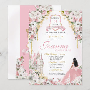 Invitación Princesa Real Rosa Elegante Castillo Quinceanera