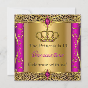 Invitación Princesa Real Rosa Leopardo Quinceañera Fiesta