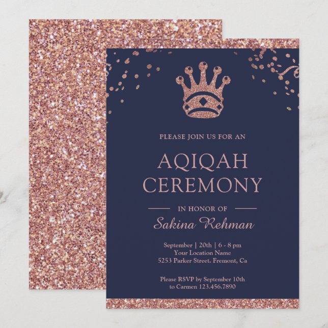 Invitación Princesa Real Rosa Oro Glitter Aqeeqah | Aqiqah (Anverso / Reverso)