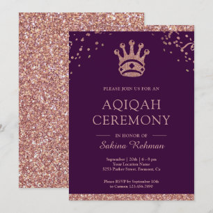 Invitación Princesa Real Rosa Oro Glitter Aqeeqah   Aqiqah