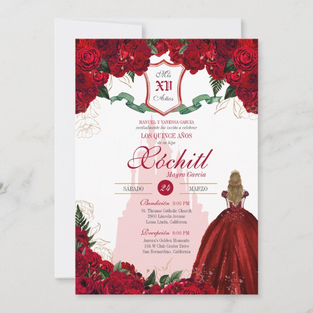 Invitación Princesa Real Rosa Roja Elegante Quinceanera (Anverso)