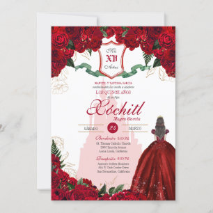 Invitación Princesa Real Rosa Roja Elegante Quinceanera