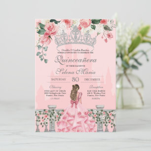 Invitación Princesa real rosa y plateada Quinceanera