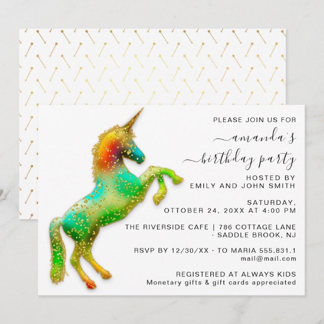 Invitación Princesa Real Unicornio Mágico de Cumpleaños con B (Anverso / Reverso)