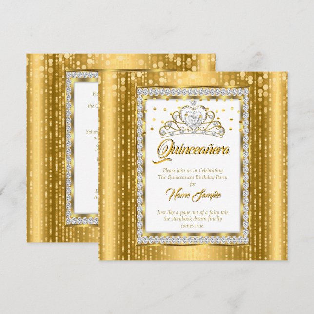 Invitación Princesa Regal Quinceanera Diamante Blanco Oro (Anverso / Reverso)