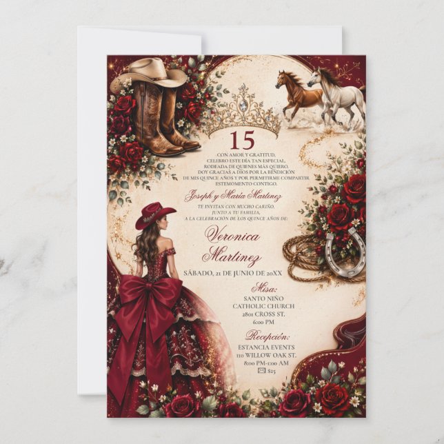 Invitación Princesa Roja Burgundy Occidental Mis Quince (Anverso)