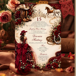 Invitación Princesa Roja Burgundy Occidental Mis Quince