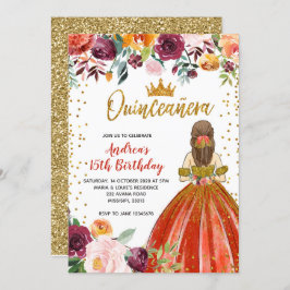 Invitación Princesa Rojo y Oro Floral Quinceañera Cumpleaños