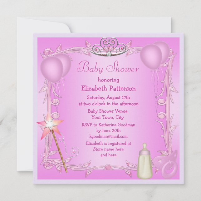 Invitación Princesa Rosa Bebé Dummy y Botella Baby Shower (Anverso)