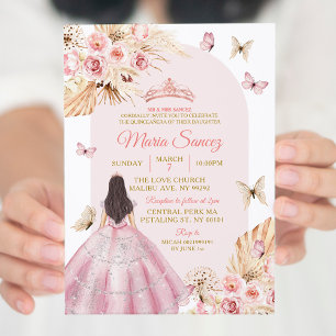 Invitación Princesa Rosa Boho Floral Mexicana Quinceañera