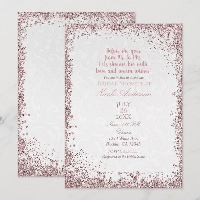 Invitación Princesa Rosa Brillo Blanco Damask Despedida de So (Anverso / Reverso)