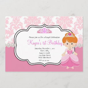 Invitación Princesa Rosa Cabello Rojo Damasco y Perlas