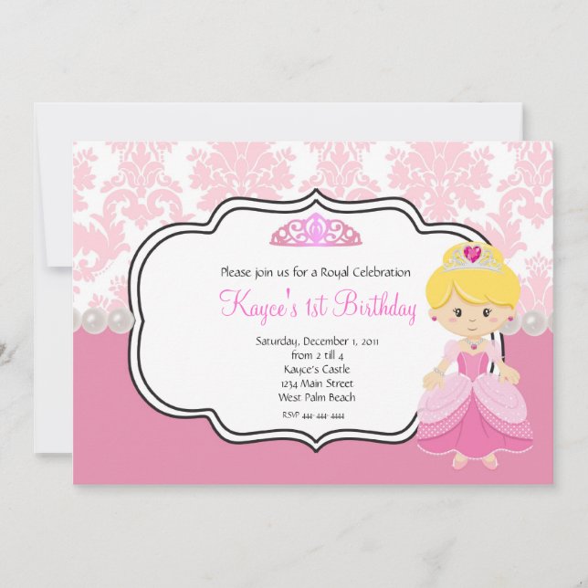 Invitación Princesa Rosa cabello rubio  Damasco y Perlas (Anverso)