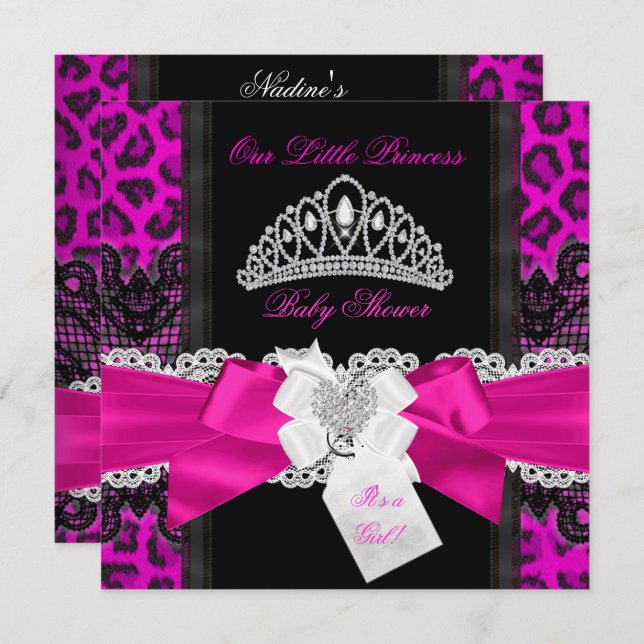 Invitación Princesa Rosa Caliente Chica Baby Shower Leopardo  (Anverso / Reverso)