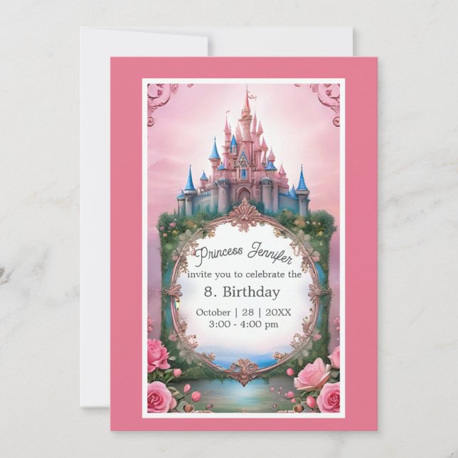 Invitación princesa rosa caprichosa castillo de cuento de had (Anverso)