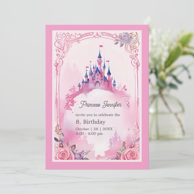 Invitación princesa rosa caprichosa castillo de cuento de had (Anverso de pie)