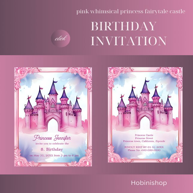 Invitación princesa rosa caprichosa castillo de cuento de had (pink whimsical princess fairytale castle birthday invitation)