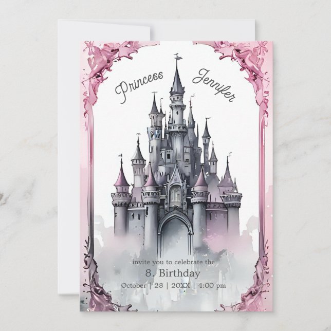 Invitación princesa rosa caprichosa castillo de cuento de had (Anverso)