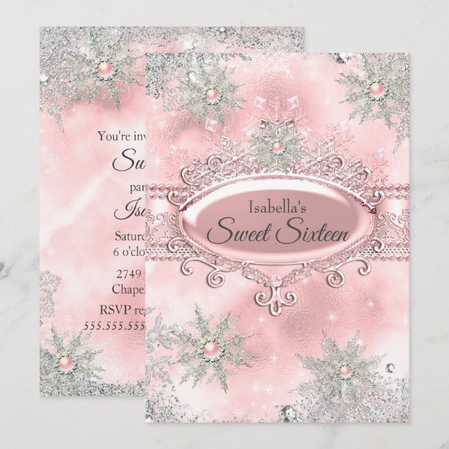 Invitación Princesa Rosa Claro Bosque de Invierno Dulces 16 (Anverso / Reverso)