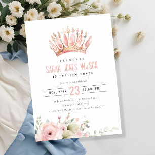 Invitación Princesa Rosa Corona Floral Tiara Cumpleaños