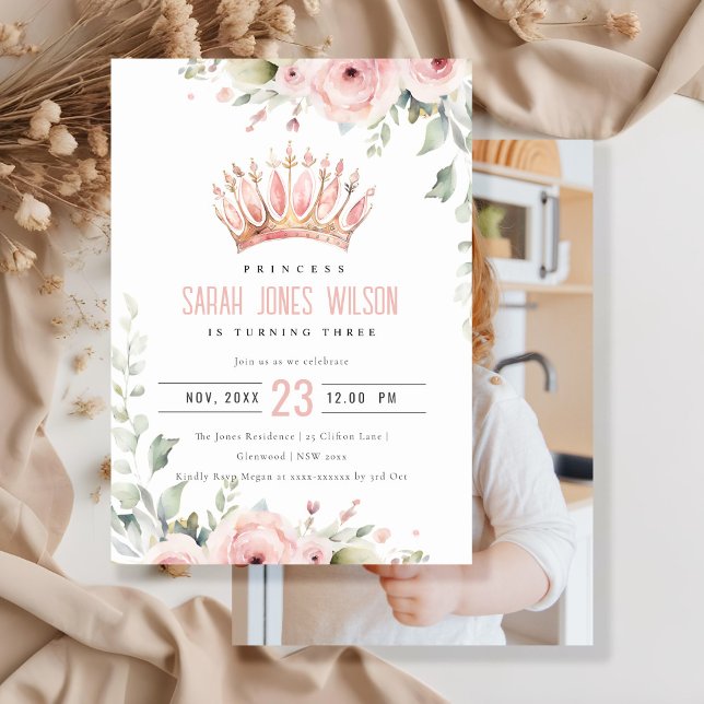 Invitación Princesa Rosa Corona Foto Floral Tiara Cumpleaños (Subido por el creador)
