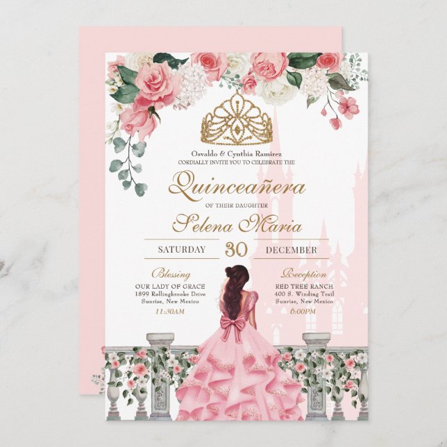 Invitación Princesa Rosa cuento de hadas Quinceañera con Rosa (Anverso / Reverso)