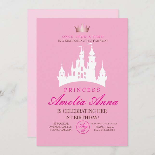 Invitación Princesa Rosa de Crow Primer Fiesta de cumpleaños (Anverso / Reverso)