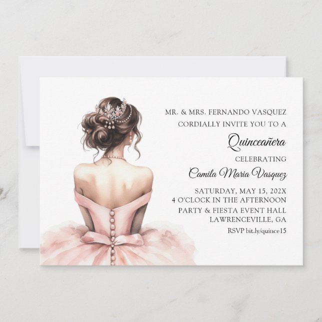 Invitación Princesa rosa de cumpleaños de Quinceañera (Anverso)