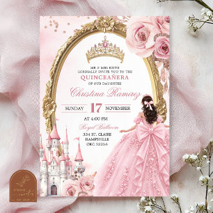 Invitación Princesa Rosa Dorado Castillo de Cuento de Hadas Q