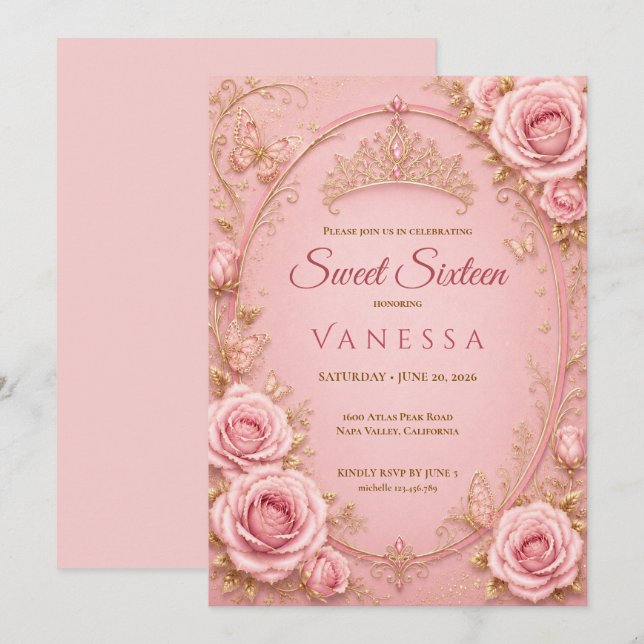 Invitación Princesa Rosa dulce 16 (Anverso / Reverso)
