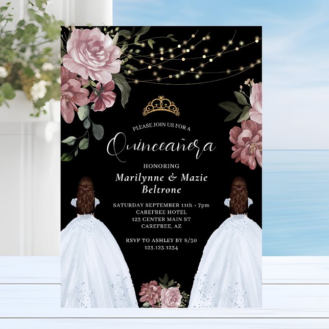 Invitación Princesa Rosa Dusty Gemelos Florales Quinceañera (Subido por el creador)