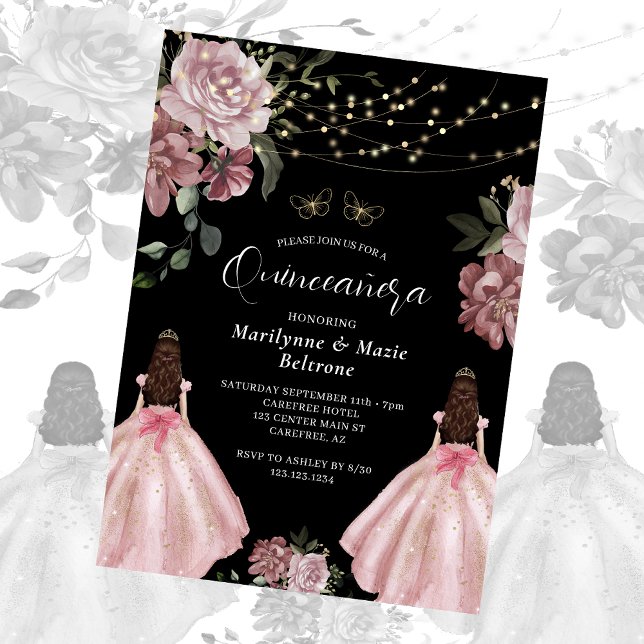 Invitación Princesa Rosa Dusty Gemelos Florales Quinceañera (Subido por el creador)