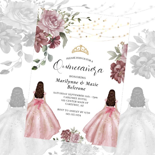 Invitación Princesa Rosa Dusty Gemelos Florales Quinceañera (Subido por el creador)