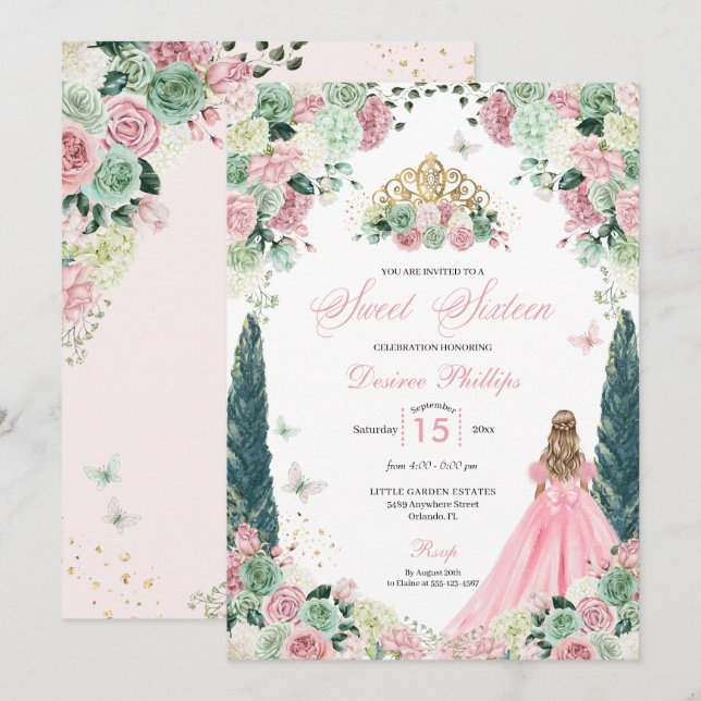 Invitación Princesa Rosa Encantada Jardín Dulce Dieciséis (Anverso / Reverso)